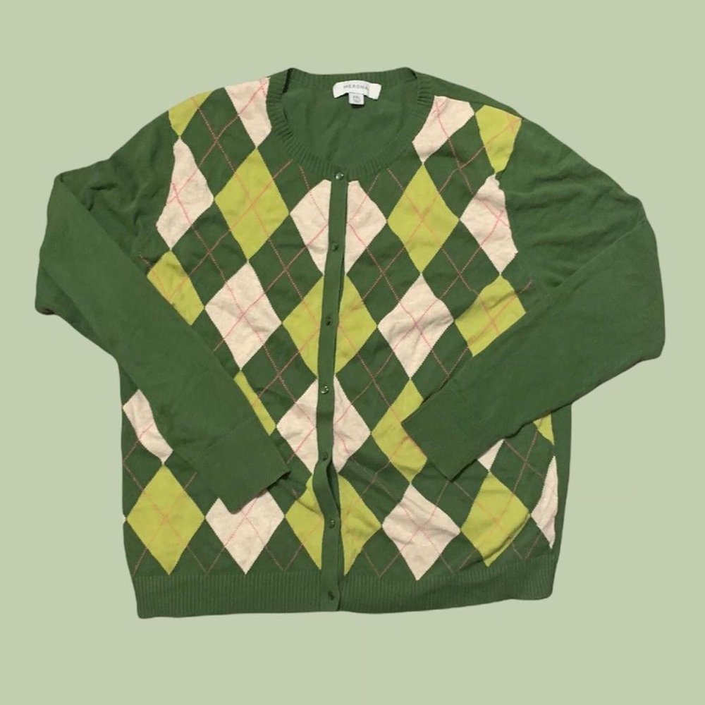 🌥green argyle printed button up cardigan